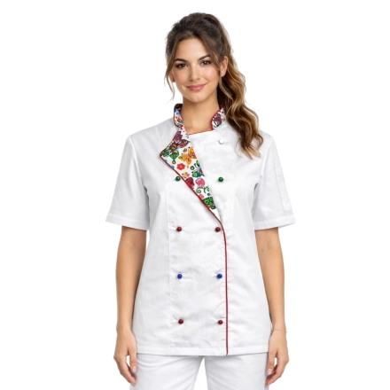 Bluza kucharska damska biała rękaw krótki lamówka wzór W5 (1222) roz. M – bluza kucharska – odzież gastronomiczna
